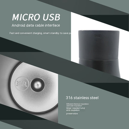 tazza a vuoto con display di temperatura intelligente, interfaccia Micro USB e acciaio inossidabile 316