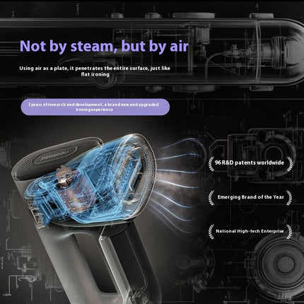 Steamer per vestiti portatile con tecnologia ad aria per stirare senza vapore, design innovativo e efficace.