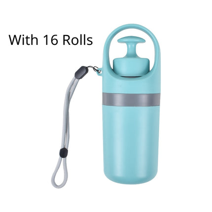 Portatile pooper scooper per cani con dispensatore di sacchetti e 16 rotoli inclusi.
