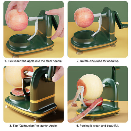 Slicer e corer di mele manuale in azione, affettando e peeling una mela con facilità e precisione.
