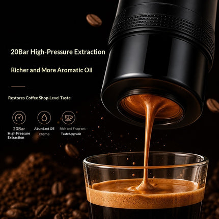Macchina da caffè portatile senza fili che estrae espresso con 20 bar di pressione per un caffè più ricco.