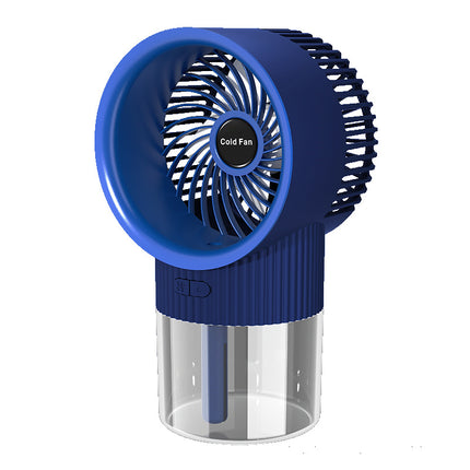 Ventilatore portatile con nebbiolina blu, ricaricabile USB, per un raffreddamento personale silenzioso e potente.