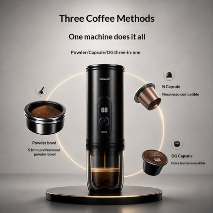 Macchina da caffè portatile senza fili con tre metodi di preparazione: polvere, capsula N, capsula DG.