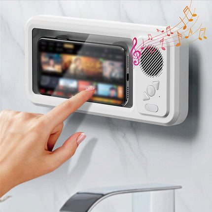 custodia impermeabile per telefono da doccia con altoparlante Bluetooth installata su parete con illuminazione musicale.